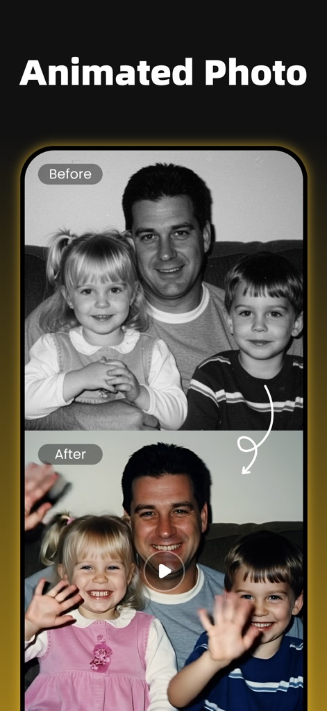 Before and after comparison of a black and white family photo transformed into a colorized animated video using AI Photo Generator PixDream.