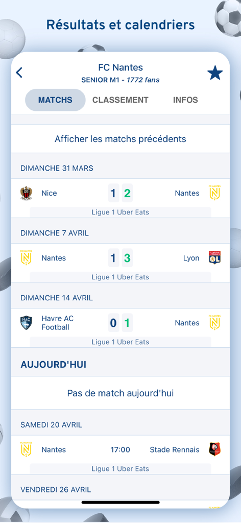 Score'n'co - Sport en direct - Score'n'co mobile app interface displaying football match results and upcoming game schedules for a French sports club