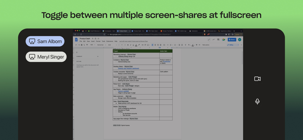 Interface do aplicativo móvel Kumospace mostrando um documento compartilhado em tela cheia com opções para alternar entre compartilhamentos de tela de vários membros da equipe
