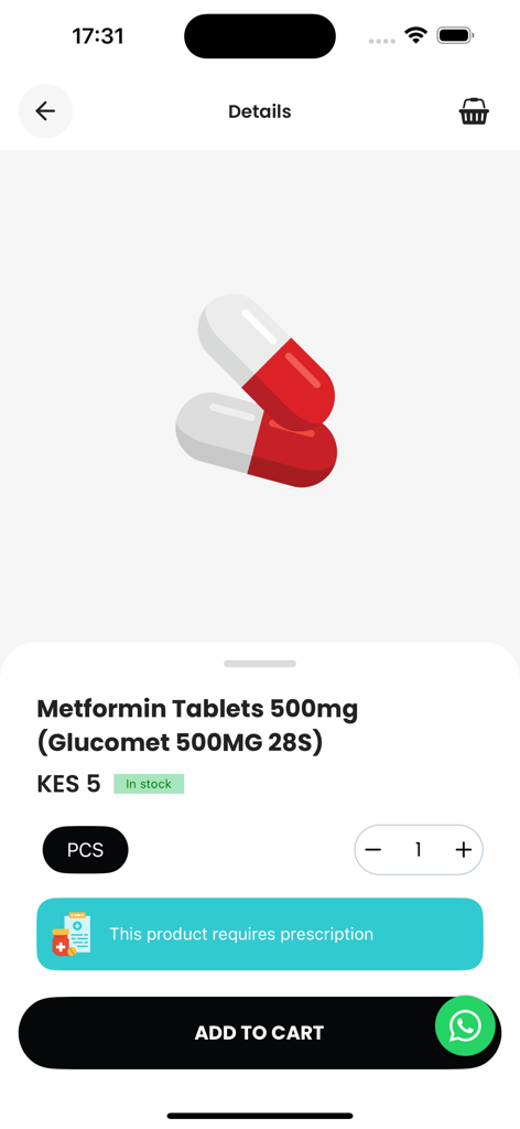 Kasha Care - Kasha Care 앱의 메트포르민 정제 제품 상세 페이지, 가격 및 처방 요건을 보여줍니다.