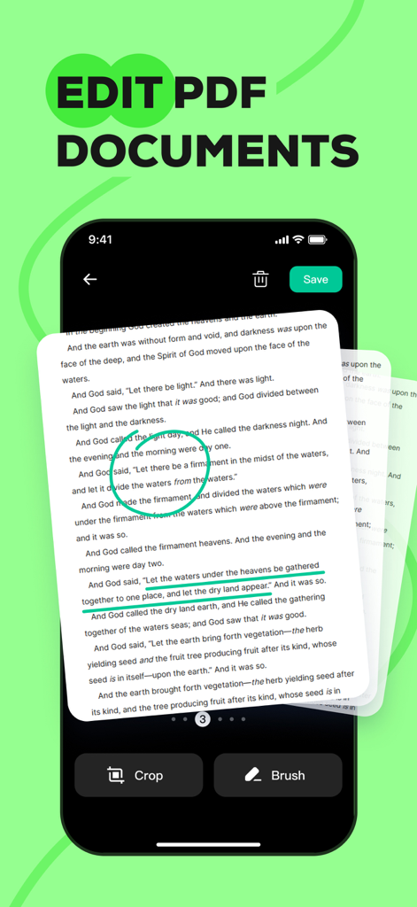iPhone上で緑色のハイライトやブラシの注釈が付いたPDFドキュメントを表示するモバイルアプリのインターフェース
