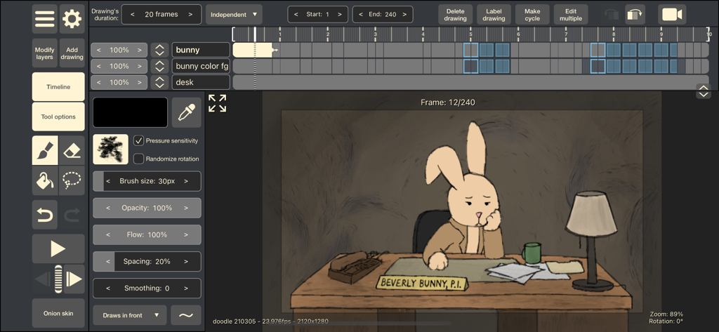 Oberfläche der RoughAnimator Animations-App mit einer Timeline und einem handgezeichneten Hasencharakter.