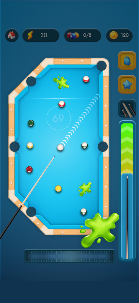 Visão de cima para baixo da jogabilidade do 8 Balls Pool Billiards mostrando um jogador mirando a bola branca em uma mesa azul com efeitos verdes de respingo