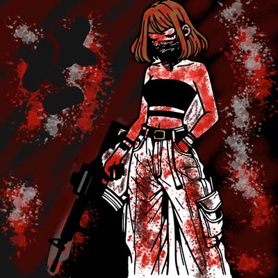 a dangerous girlcrop top and baggy jeans with a rifle in her hand