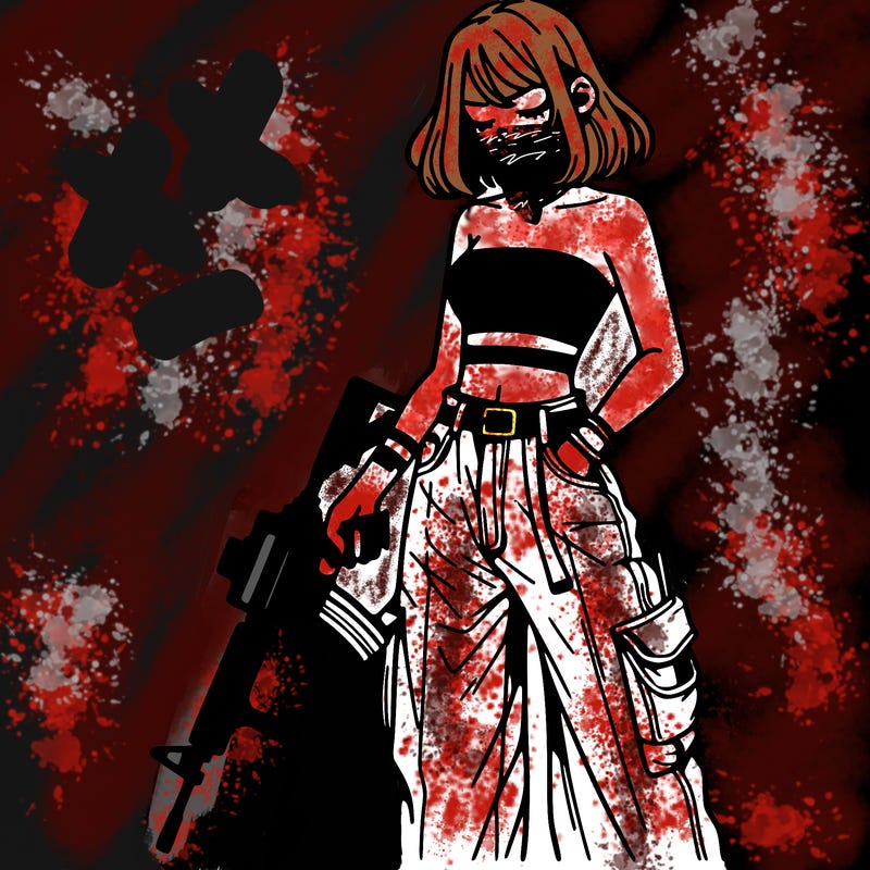 a dangerous girlcrop top and baggy jeans with a rifle in her hand