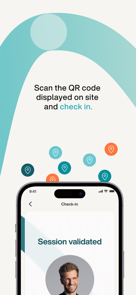 Pantalla de teléfono inteligente mostrando una validación de sesión exitosa después de escanear un código QR en la aplicación EGYM Wellpass
