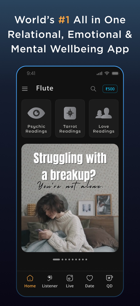 Flute - Love & Life Companion - Schermata principale dell'app Flute che mostra un banner di supporto per le rotture e sezioni per tarocchi psichici e letture d'amore