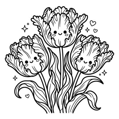 Discover the irresistible charm of these Kawaii Parrot Tulips, ready for your creative touch. Each flower features an adorable smiling face and beautifully ruffled petals, promising a joyful coloring experience.