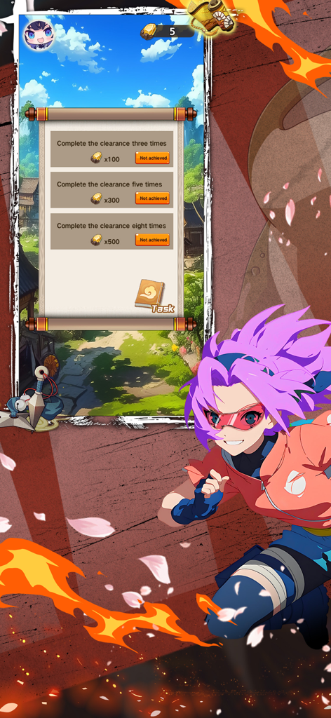 GAME! STORM NINJA - A purple-haired anime ninja character next to a task scroll showing mission rewards in the Game Storm Ninja mobile app.