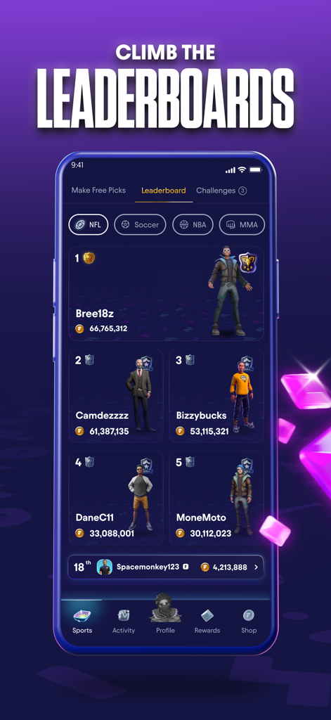 Fliff - Social Sports Picks - Schermata dell'app Fliff che mostra la classifica social sportiva NFL con le posizioni degli utenti e i totali in monete.