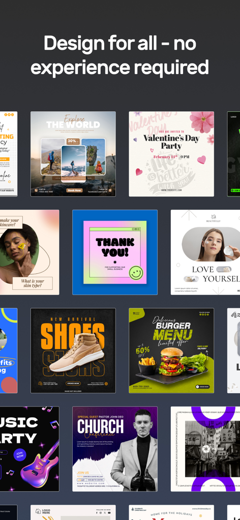 Ein Raster vielfältiger Social-Media-Post-Vorlagen für verschiedene Branchen, darunter Lebensmittel, Reisen und Mode