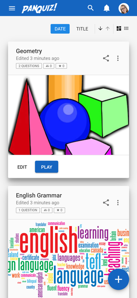 PanQuiz! - Mobile dashboard of the PanQuiz app showing quiz cards for Geometry and English Grammar with options to edit and play.