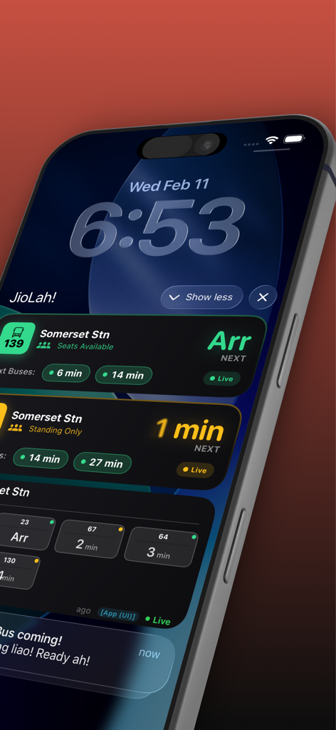 JioLah! SG Bus & Trains - iPhone lock screen showing real-time bus arrival widgets from the JioLah app