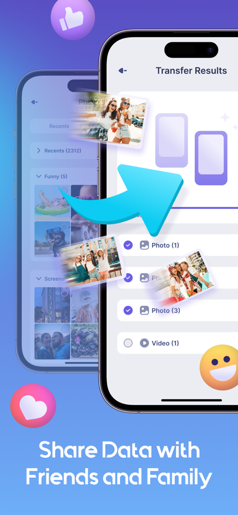 Copy My Data: Smart Switch App - Copy My Data app screen displaying file transfer results and sharing options.