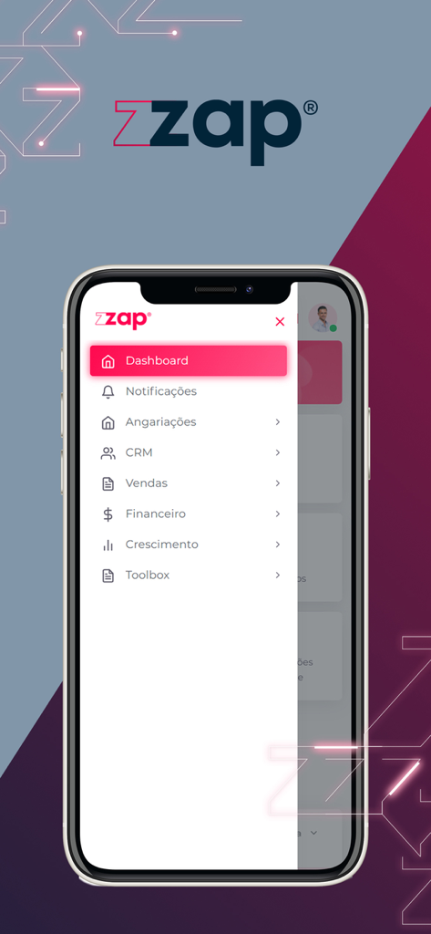 iPhone screen showing the zap app sidebar menu with options for Dashboard, CRM, and real estate sales management.