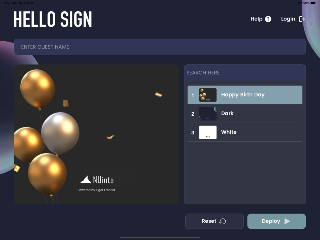 HelloSign - HelloSign iPad application interface for designing and deploying digital signs for guest arrivals