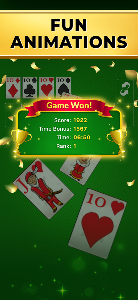 Pantalla de victoria en Solitaire Classic con animaciones de puntuación alta y trofeos.