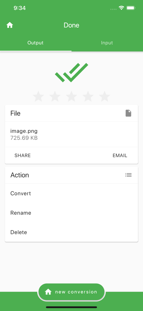 Screenshot of File Converter app showing a successful file conversion screen with options to share email or perform further actions