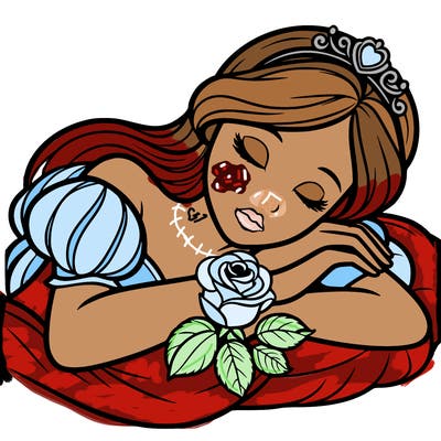 a fairytale princess sleeping with her hands crossed on her chest and a rose on her chest realistic