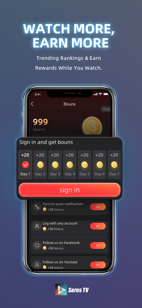 Saros TV - Shorts & Reels - Interface de l'application Saros TV montrant les récompenses d'enregistrement quotidiennes et les tâches de bonus de pièces