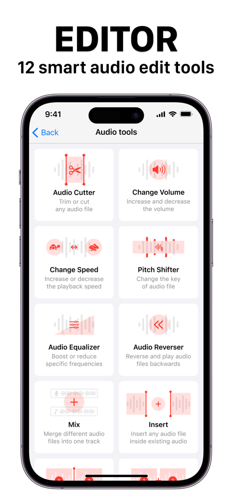 Voice Recorder & Memos - Smartphone screen showing the audio editing tools of the Voice Recorder and Memos app including equalizer pitch shifter and audio cutter.