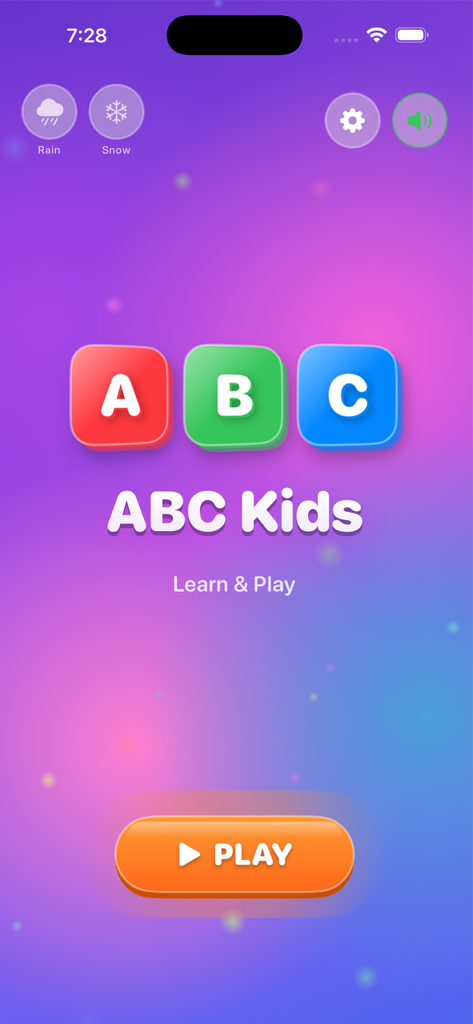 ABC Kids - Learn & Play - Home screen of the ABC Kids Learn and Play app featuring colorful letter blocks and a large play button