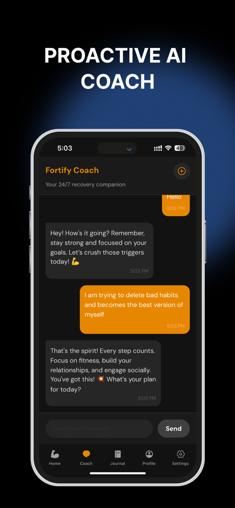 Fortify: Quit Porn Addiction - Interfaz de la aplicación Fortify que muestra un chat con un entrenador IA proactivo para la recuperación