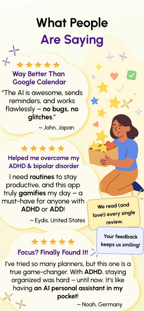 Five-star customer reviews for Simplified AI Daily Planner app highlighting its effectiveness for productivity and ADHD support.