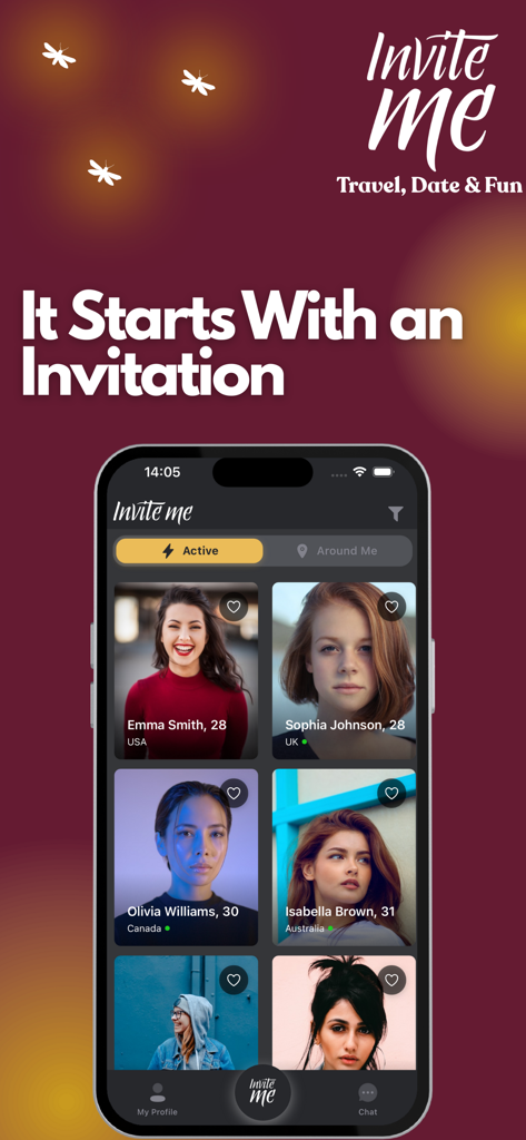 Captura de pantalla de la aplicación Invite Me que muestra perfiles de viajeros activos de diferentes países