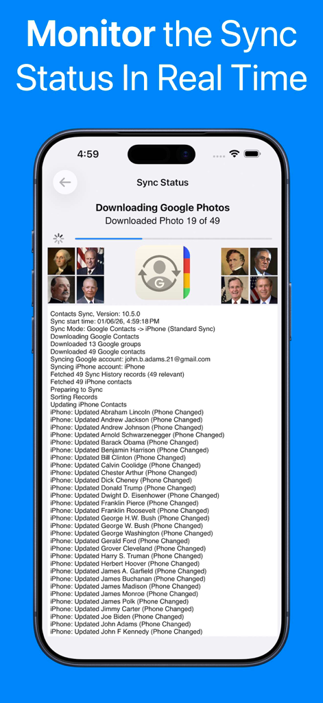 Contacts Sync: Google & More - 進捗バーと詳細な連絡先更新ログを示すリアルタイム同期ステータス画面。