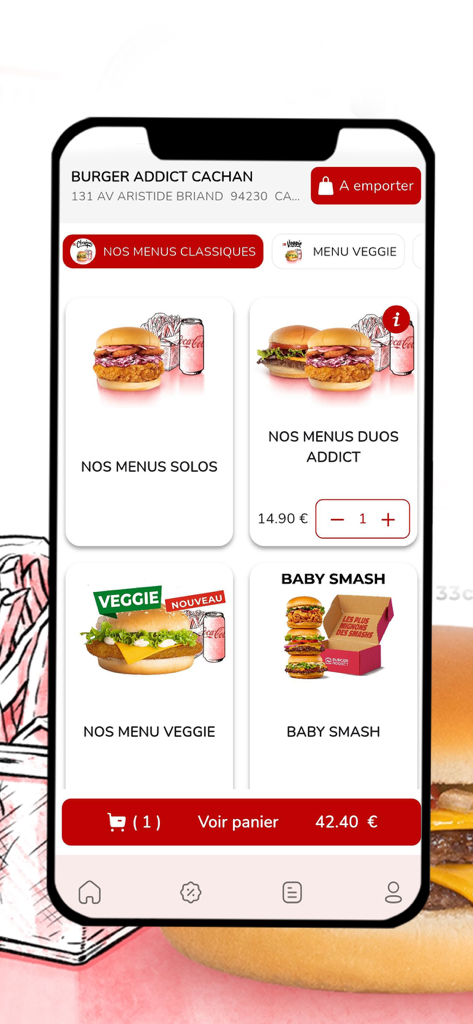 Burger Addict - Burger Addict mobile app showing menu categories for burgers and a checkout bar