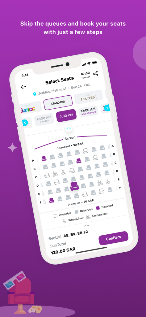 Seat selection and movie booking screen on muvi Cinemas mobile app