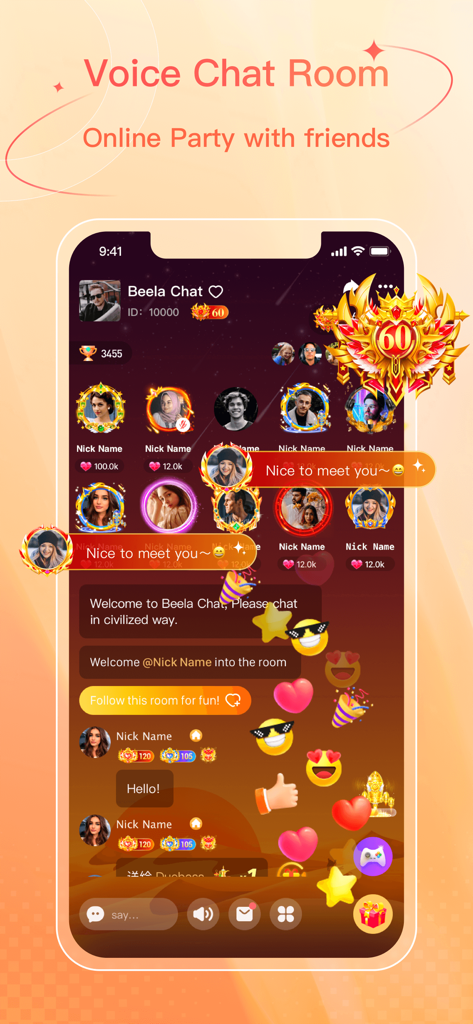 Beela Chat - Group Vocie Rooms - Interfaz de la aplicación Beela Chat que muestra una sala de voz grupal con avatares de perfil de usuario y coloridas animaciones de regalos virtuales