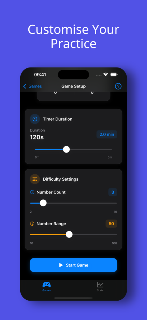 Quick Maths - Mental Mastery - Interfaz para personalizar la configuración del juego en la aplicación Quick Maths mostrando la duración del temporizador y los deslizadores de dificultad.