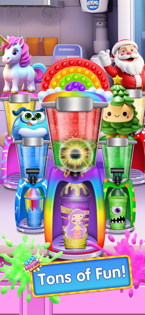 Several colorful slushy makers with unicorn rainbow and monster themes.