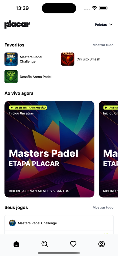 Placar.app - Painel do Placar.app mostrando partidas ao vivo de torneios de padel e favoritos