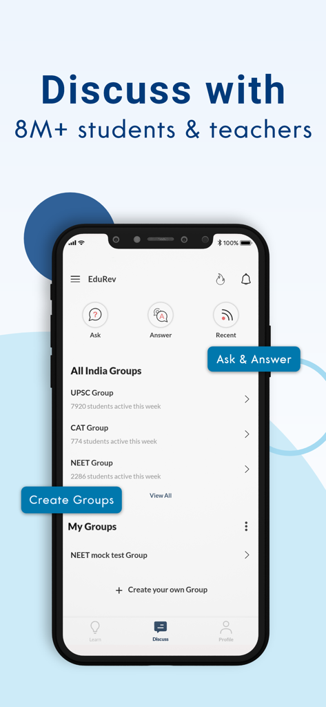 EduRev app interface showing student discussion groups for exam preparation