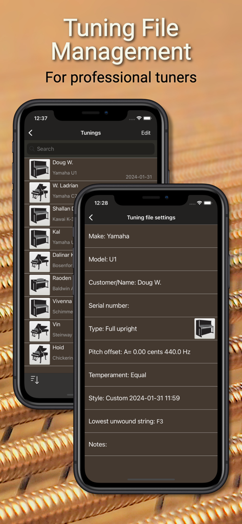PianoMeter app interface for tuning file management and professional settings