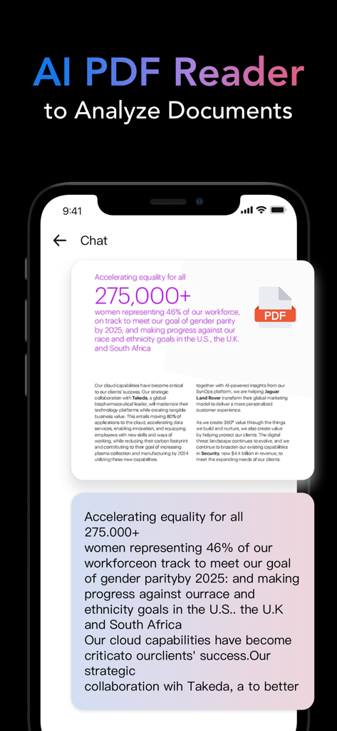 G.AI - AI ChatBot Assistant - Interface de l'application G.AI démontrant la fonction de lecteur PDF IA analysant un document professionnel.
