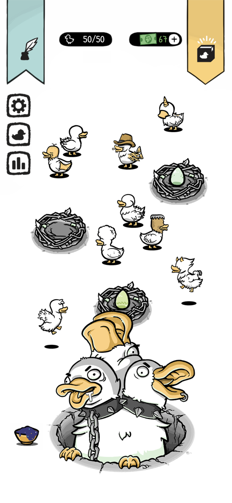 Gameplay of Clusterduck featuring several mutated ducks walking around nests and a large three-headed duck emerging from a hole