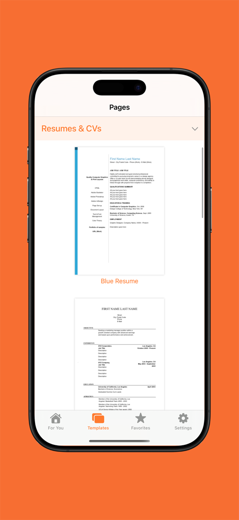 Templates for Pages Pro - Ein Bildschirm einer mobilen App, der verschiedene professionelle Lebenslaufvorlagen für Apple Pages anzeigt.