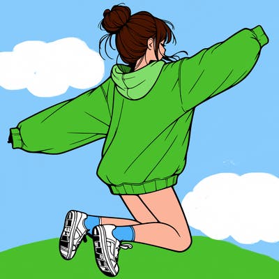 realistic girl jumping with a bun and oversized sweatshirt