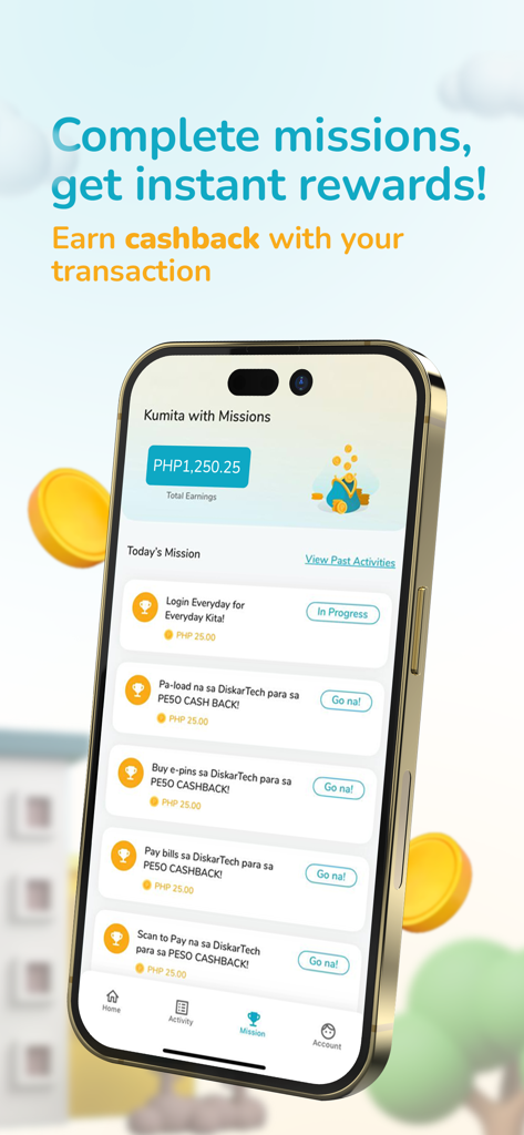 RCBC DiskarTech Savings - Interface do aplicativo RCBC DiskarTech mostrando missões diárias para ganhar recompensas de cashback