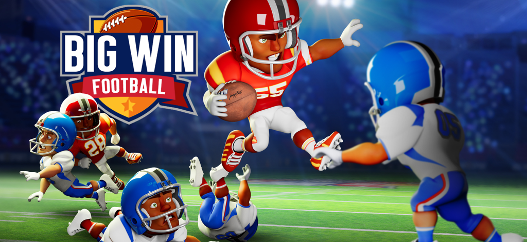 Big Win Football 2026 - Jugadores de fútbol estilizados estilo caricatura en acción en un campo de estadio con el logo de Big Win Football