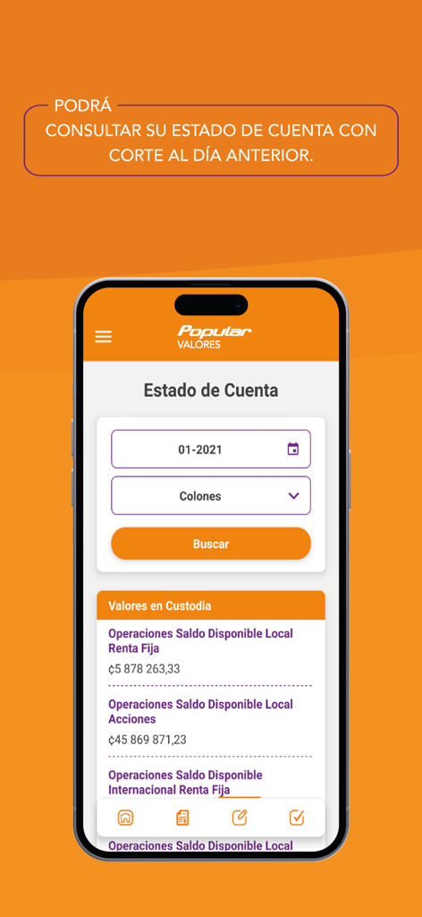 Popular Valores 모바일 앱 계좌 명세서 화면에 투자 포트폴리오 잔액 표시.