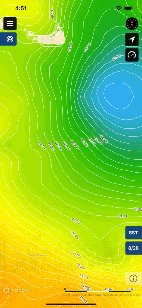 BigBlue Offshore Fishing - Sea surface temperature map showing thermal breaks and temperature contours in Fahrenheit for offshore fishing