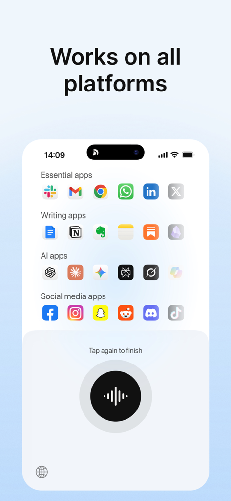 Typeless: AI Voice Keyboard - Interfaz del teclado de voz IA Typeless que demuestra la compatibilidad con varias aplicaciones de productividad y redes sociales