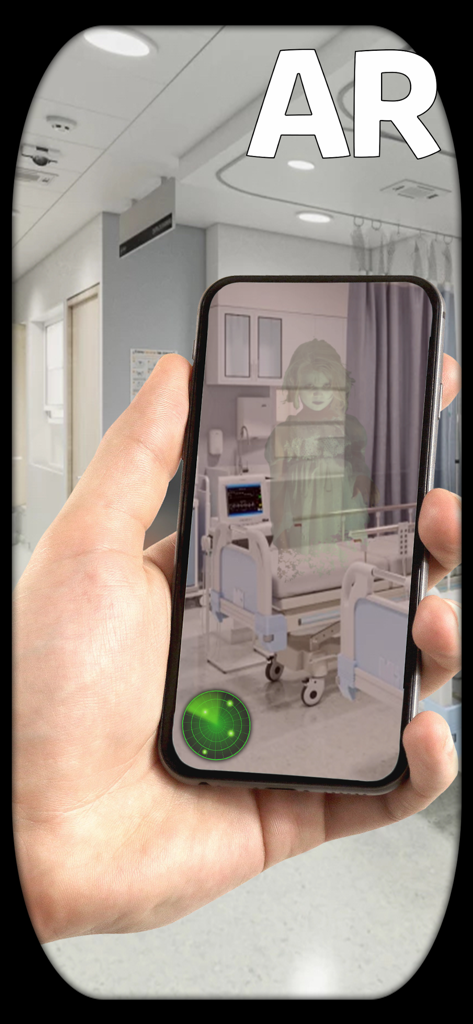 AR Ghosts Radar. Scan & Find - Smartphone screen showing an augmented reality ghost in a hospital ward