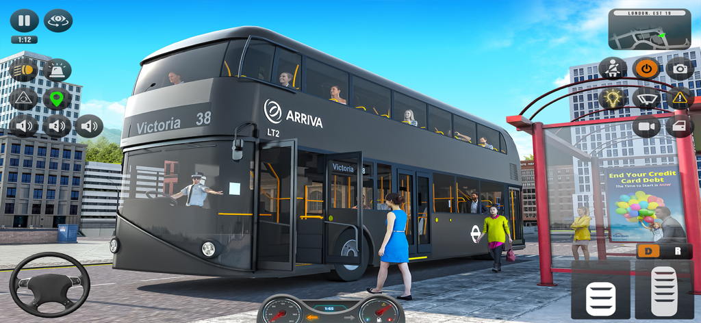 Gameplay screenshot of Urban City Passenger Bus Game showing a black double decker bus at a city station with passengers boarding