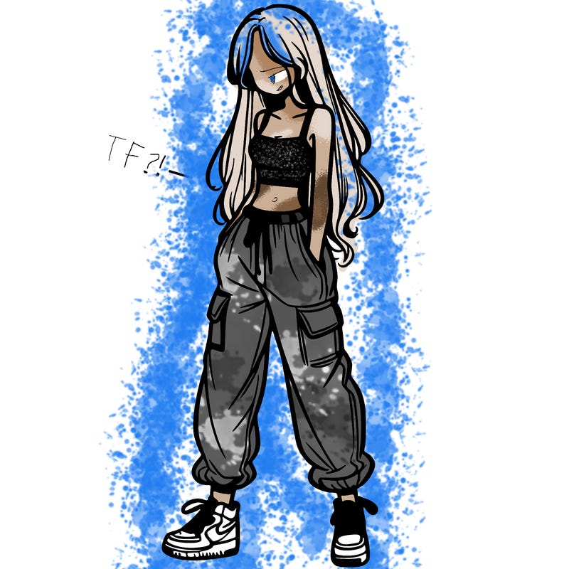 girl in baggy pants crop top and long hair